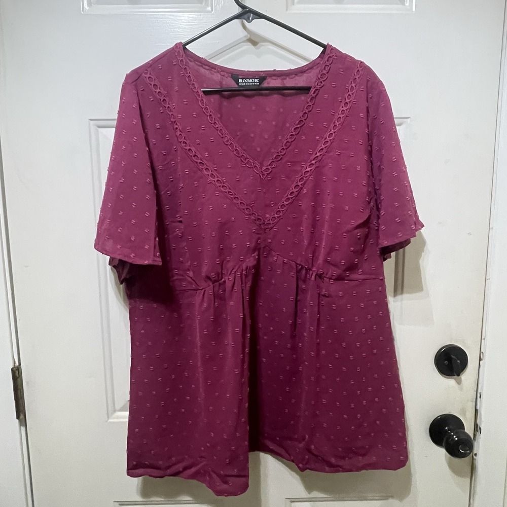 Bloomchic Short Sleeve Blouse Top V Neck Shirt Professional Dark Red